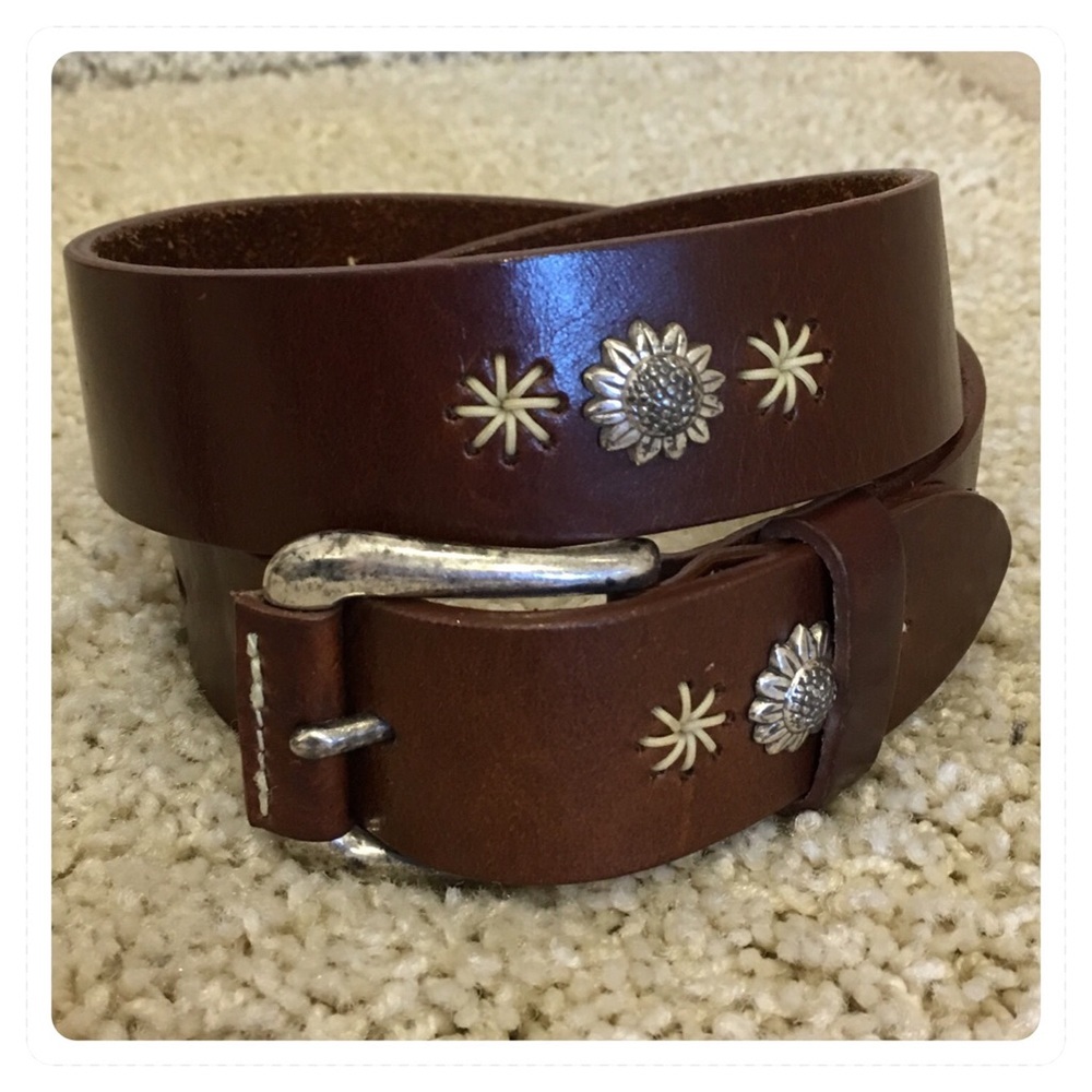 Fossil Brown Leather Belt with Silver Floral Studs